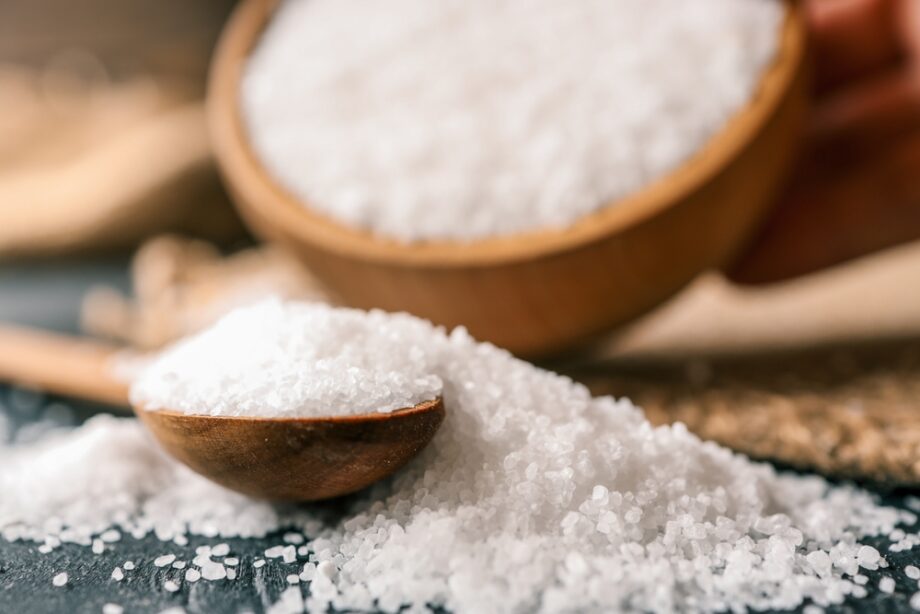 Sea salt in wooden bowl