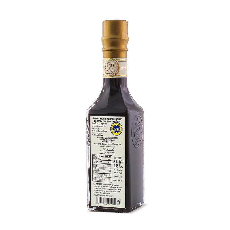 Leonardi balsamic vinegar - back of bottle - Schullo