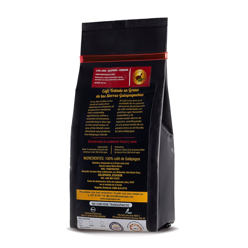 Organic Galapagos Island Lava Java coffee beans - back of package - Schullo