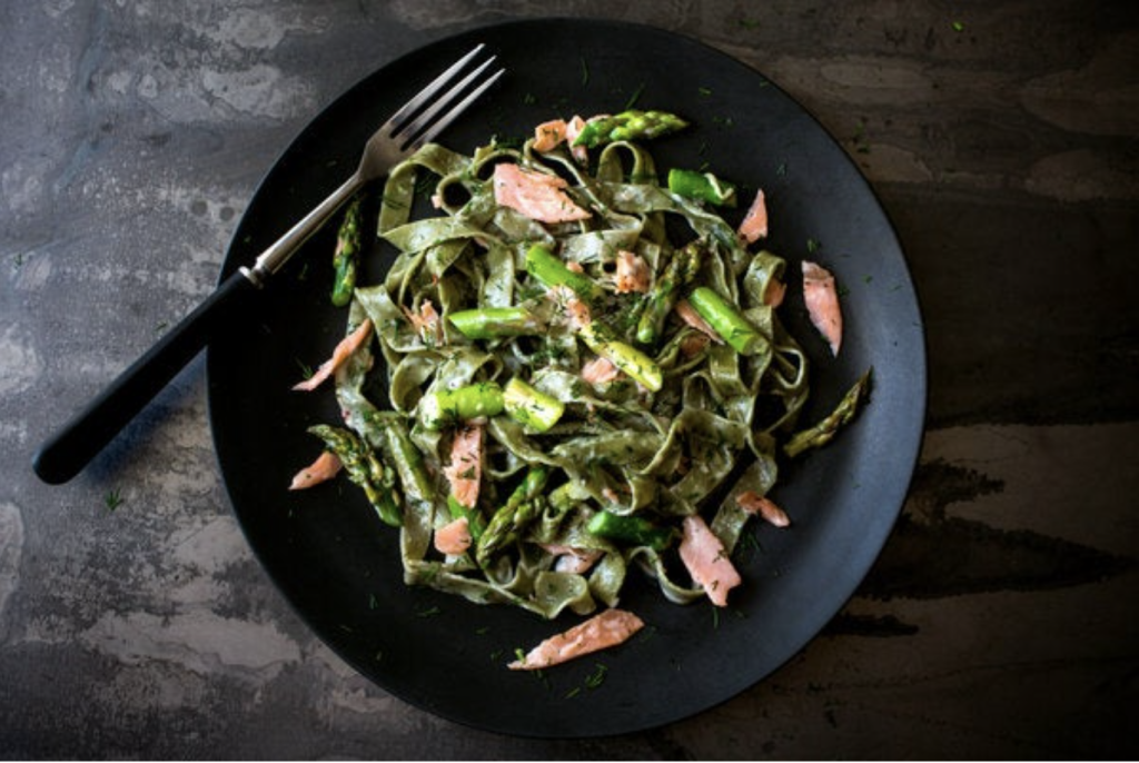 Egg fettuccine with asparagus and smoked salmon