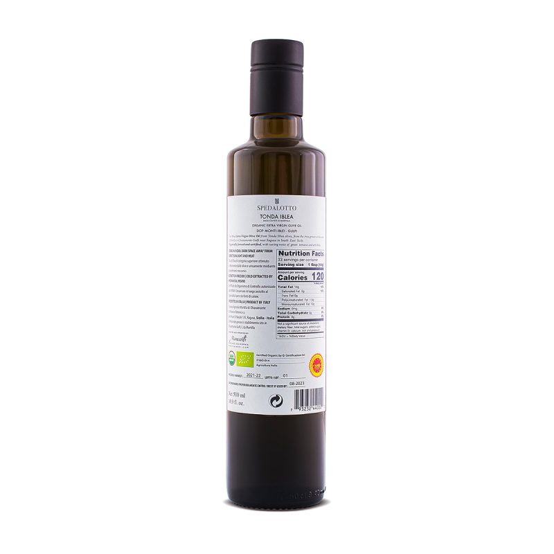 Tonda Iblea organic extra virgin olive oil - back of bottle - Schullo