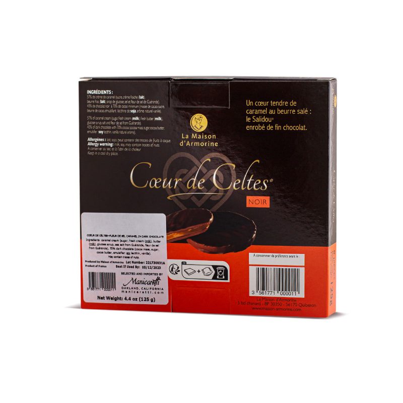 La Maison d'Amorine Caramel in Dark Chocolate - back of package - Schullo