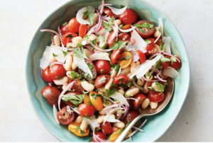Cherry tomato and white bean salad in a bowl