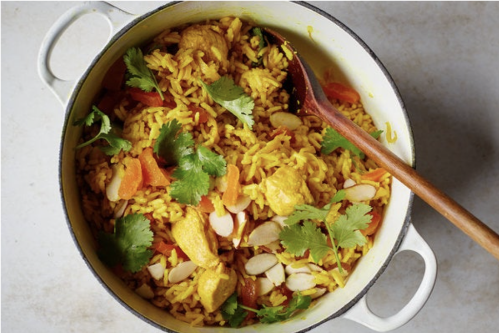 Weeknight fancy chicken and rice in casserole dish