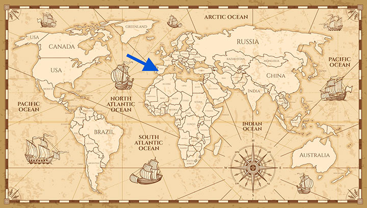 World Map with arrow to Spain
