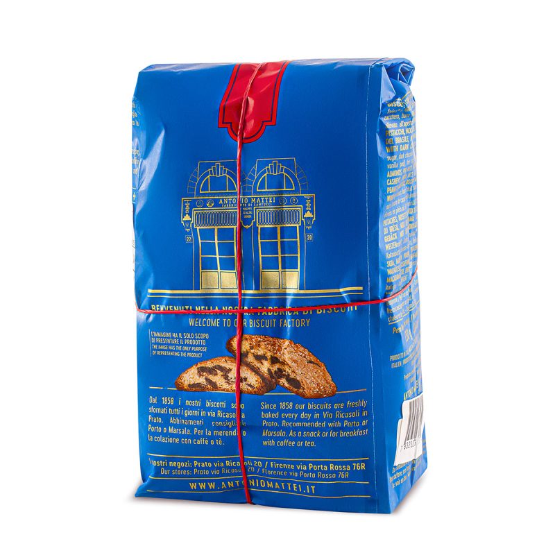 Antonio Mattei Dark Chocolate Biscotti - back of signature blue package