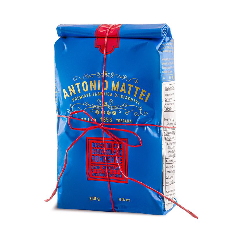 Antonio Mattei Dark Chocolate Biscotti - front of signature blue package