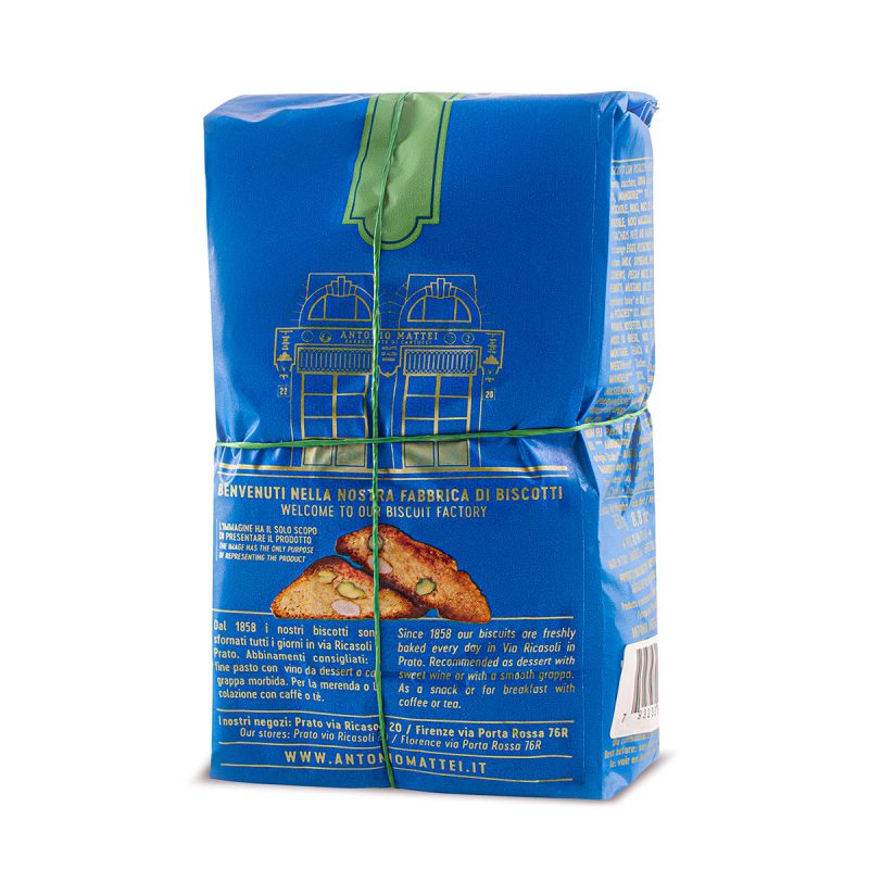 Pistachio & Almond Biscotti by Antonio Mattei - back of signature blue package