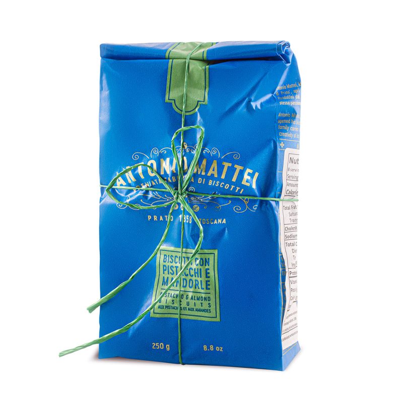 Pistachio & Almond Biscotti by Antonio Mattei - front of signature blue package