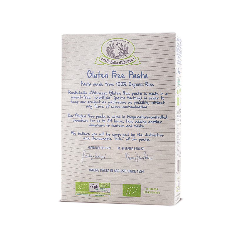 Rustichella Organic Rice Penne Rigate Pasta Gluten Free - back of package - Schullo