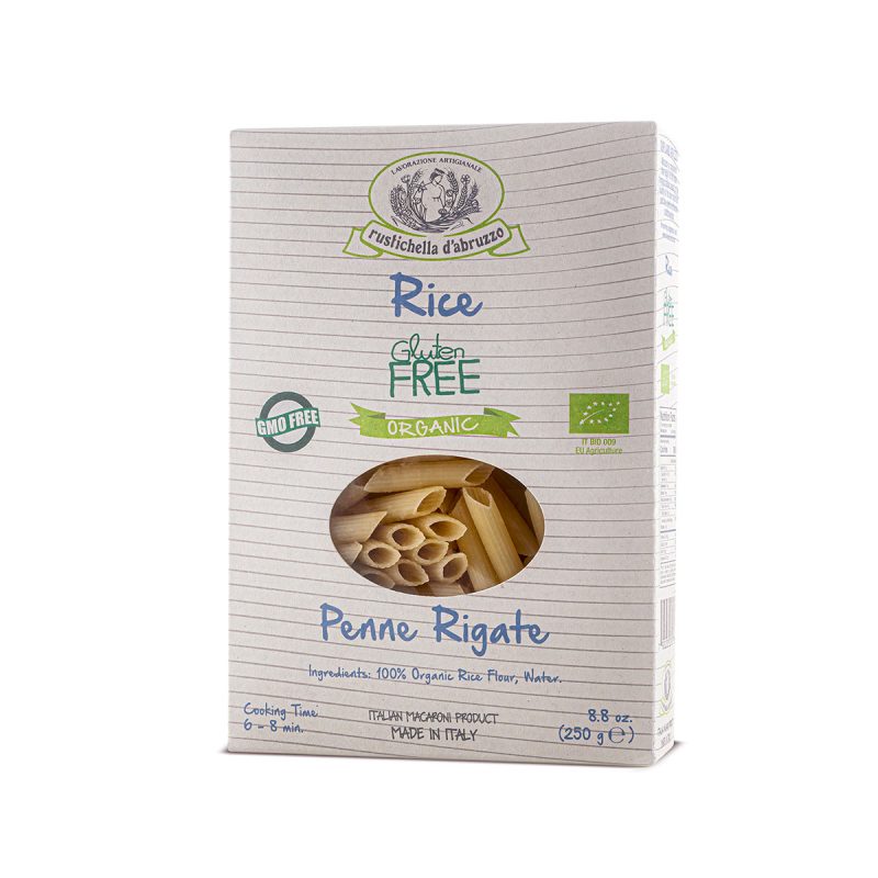 Rustichella Organic Rice Penne Rigate Pasta Gluten Free - front of package - Schullo