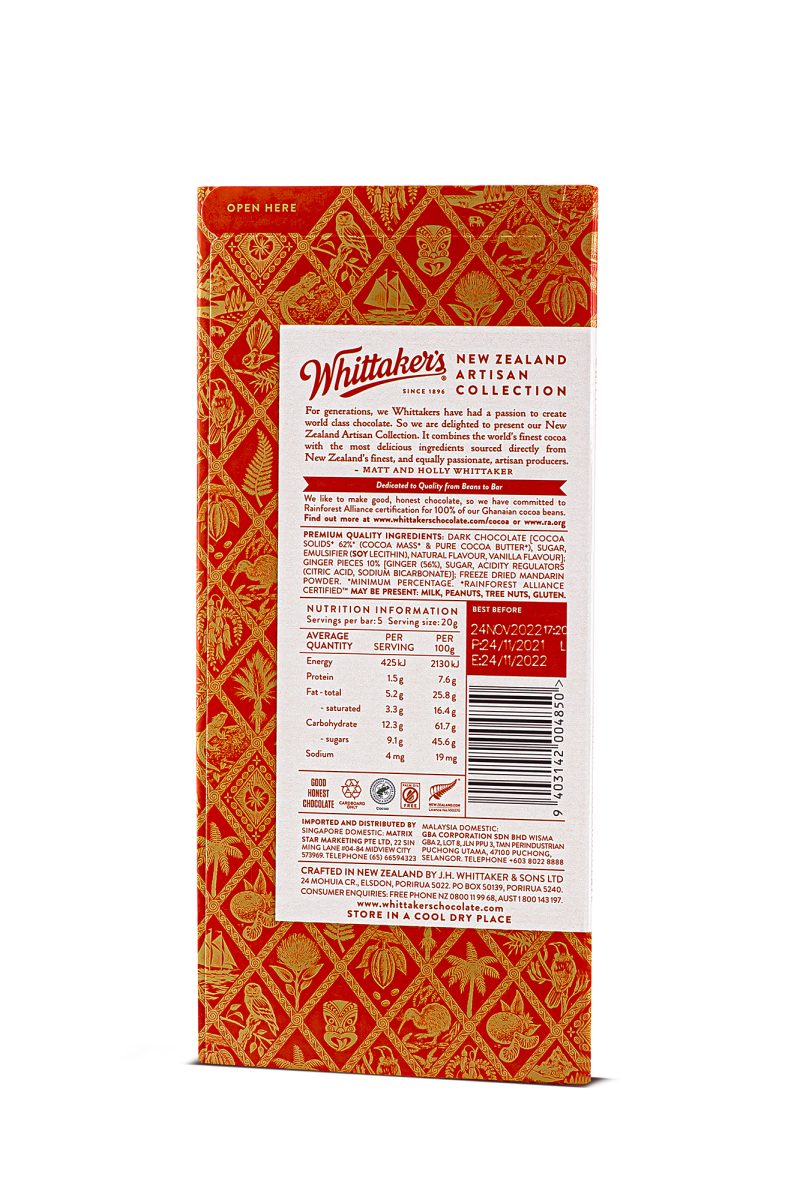 Ginger And Mandarin Dark Chocolate By Whittakers Schullo All Natural Foods