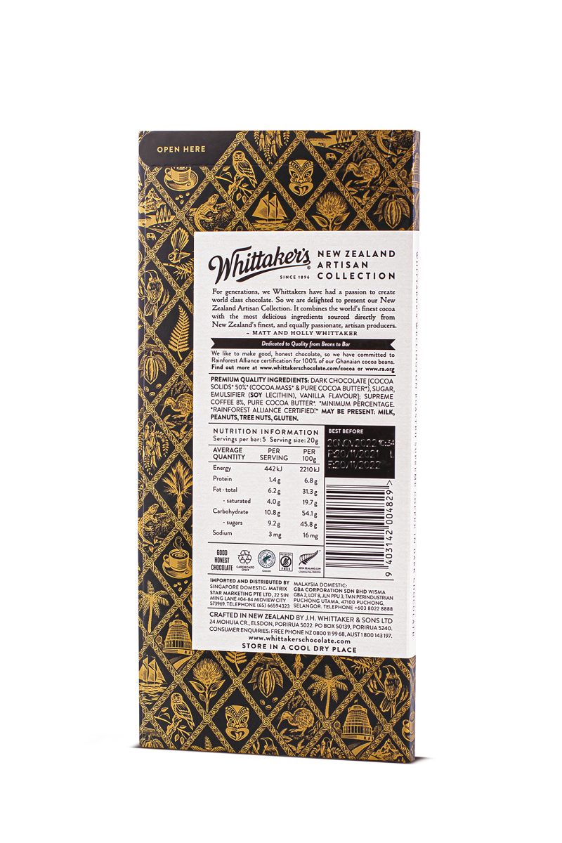 Dark chocolate with roasted coffee by Whittakers.