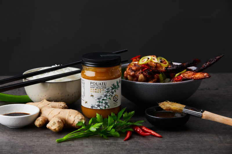 Manuka honey by Pouatu with stir fry miso chicken. Schullo All Natural Foods