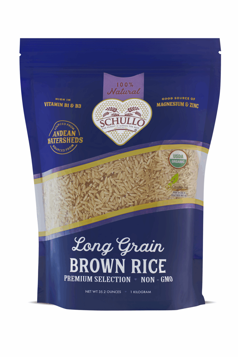 Schullo long grain brown rice front of packet
